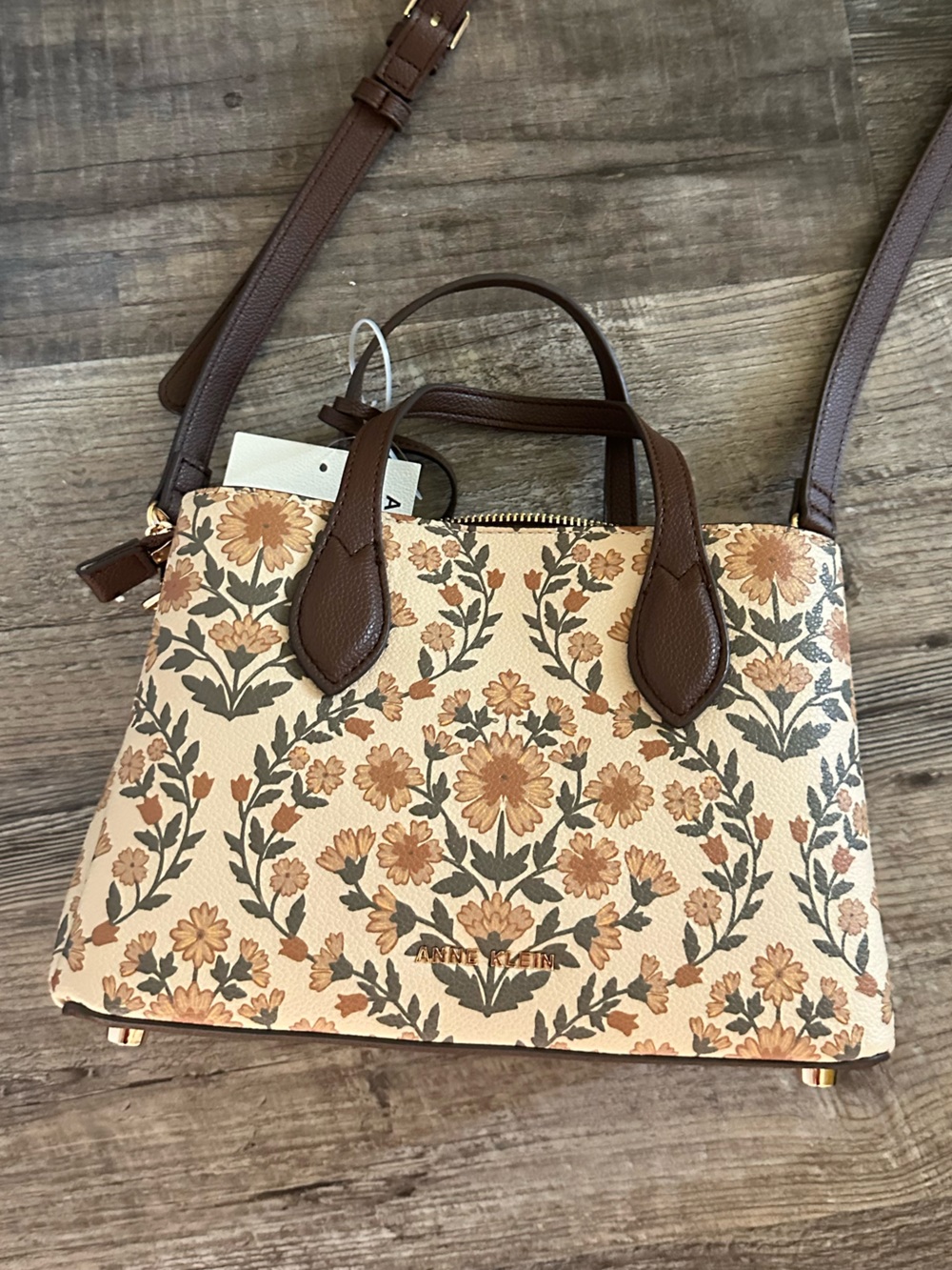 Anne Klein Cream Floral Top-Handle Satchel with Brown Trim - Picture 2 of 6